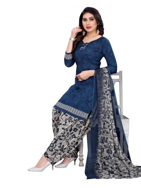 

INDIAN HERITAGE Navy Blue & Grey Printed Unstitched Dress Material