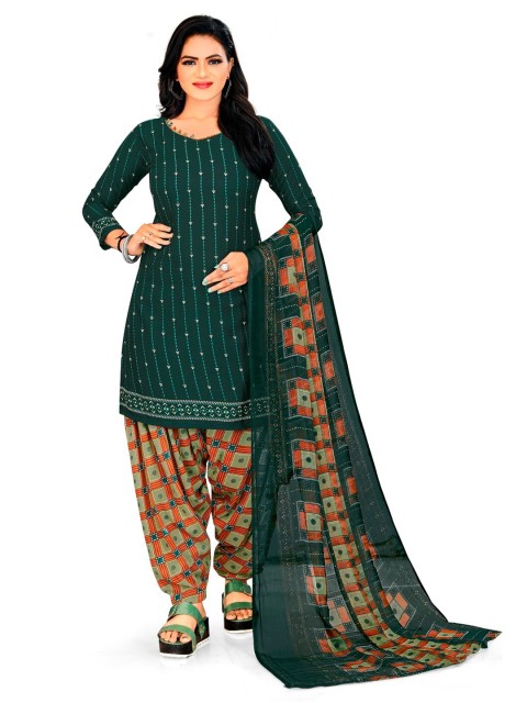 

INDIAN HERITAGE Green & Brown Printed Unstitched Dress Material