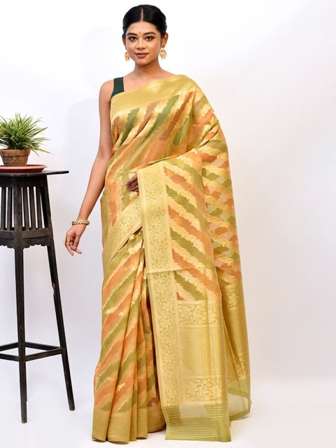 

AllSilks Lime Green & Gold-Toned Woven Design Zari Kora Silk Cotton Saree