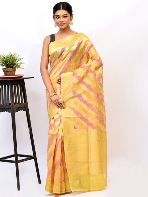 

AllSilks Yellow & Pink Woven Design Zari Kora Silk Cotton Saree