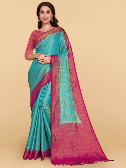 

ZIKARAA Turquoise Blue & Pink Ethnic Motifs Zari Pure Silk Banarasi Saree