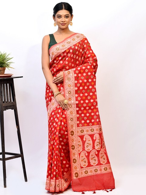

AllSilks Red & Green Woven Design Zari Kora Silk Cotton Saree
