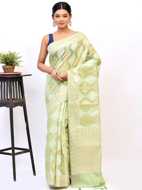 

AllSilks Green & Gold-Toned Woven Design Zari Kora Silk Cotton Saree