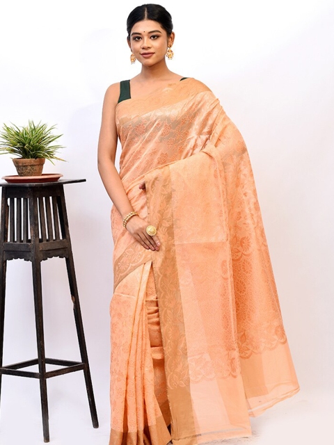 

AllSilks Peach-Coloured & Gold-Toned Woven Design Zari Kora Silk Cotton Saree