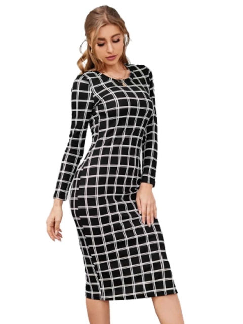 

LOOKFIELD Black Checked Printed Bodycon Midi Dress