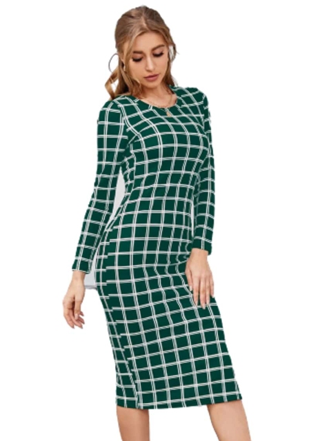 

LOOKFIELD Green Checked Printed Sheath Midi Dress