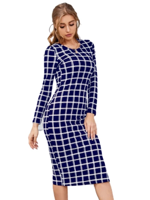 

LOOKFIELD Blue Checked Printed Sheath Midi Dress