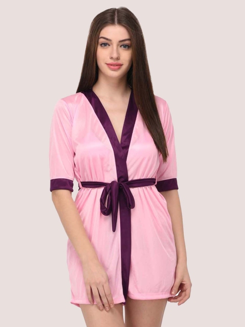 

YOU FOREVER Women Pink Satin Robe With Lingerie Set