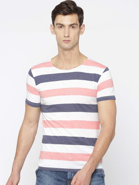 

Voi Jeans Men White & Blue Striped Round Neck T-shirt