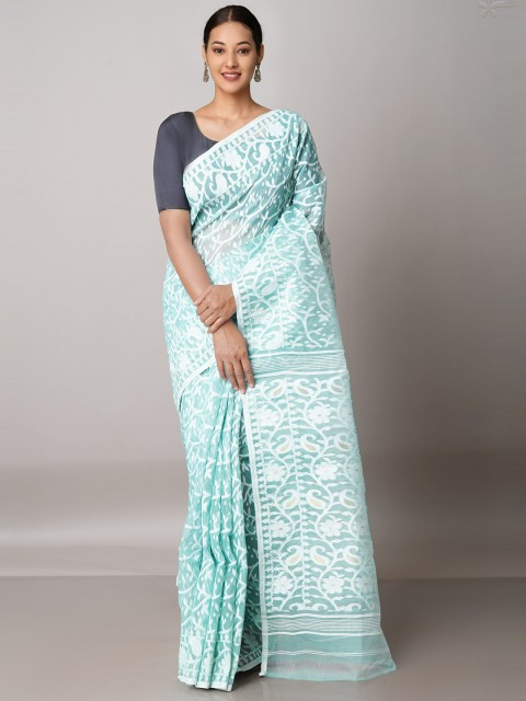 

Unnati Silks Green & White Woven Design Pure Cotton Jamdani Saree