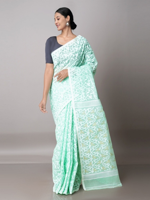 

Unnati Silks Green & White Woven Design Handloom Pure Cotton Jamdani Saree