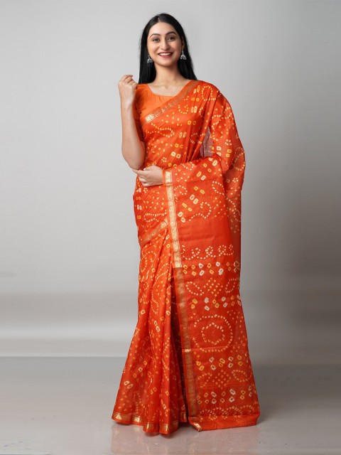

Unnati Silks Orange & Gold-Toned Bandhani Printed Pure Silk Saree