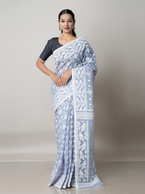 

Unnati Silks Blue & White Woven Design Handloom Pure Cotton Jamdani Saree