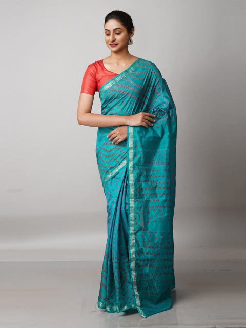 

Unnati Silks Green & Silver-Toned Bandhani Printed Zari Saree