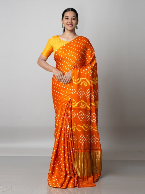 

Unnati Silks Orange & Yellow Tie and Dye Bandhani Zari Saree