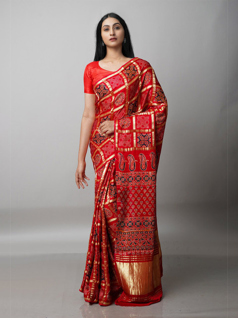 

Unnati Silks Maroon & Black Floral Ajrakh Printed Banarasi Zari Saree