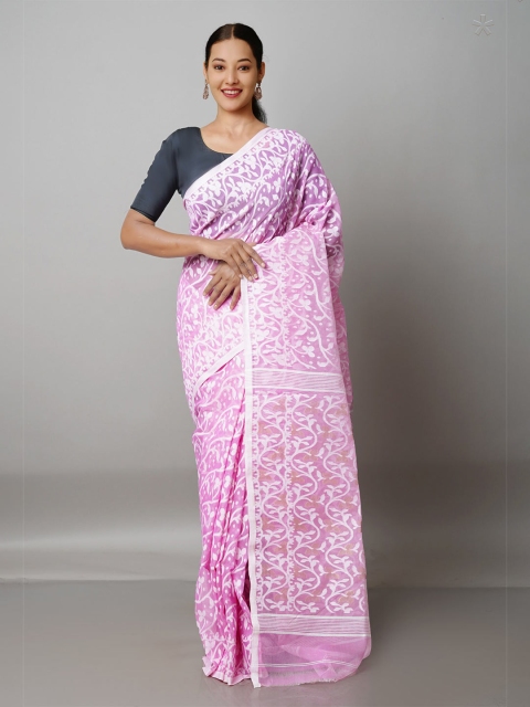 

Unnati Silks Pink & White Woven Design Handloom Pure Cotton Jamdani Saree