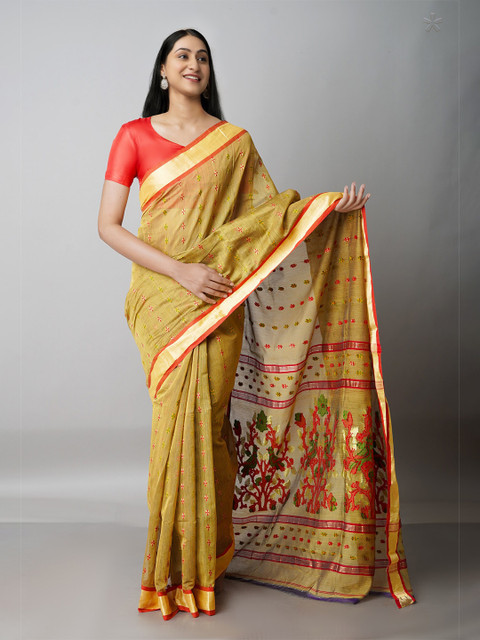

Unnati Silks Olive Green & Gold-Toned Woven Design Handloom Jamdani Zari Saree