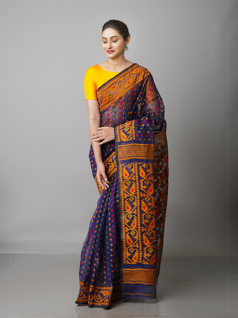 

Unnati Silks Navy Blue & Orange Woven Design Handloom Pure Cotton Jamdani Saree