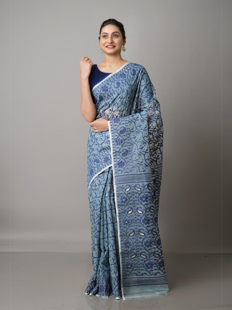 

Unnati Silks Grey & Blue Woven Design Handloom Pure Cotton Jamdani Saree