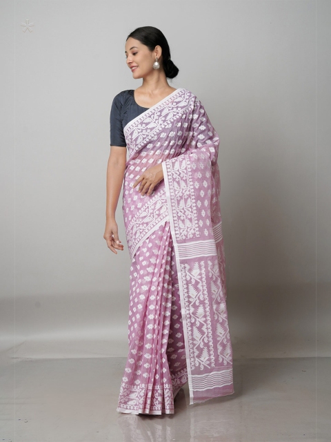 

Unnati Silks Pink & White Woven Design Handloom Pure Cotton Jamdani Saree