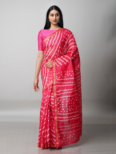 

Unnati Silks Pink & Gold-Toned Bandhani Zari Silk Blend Bandhani Saree