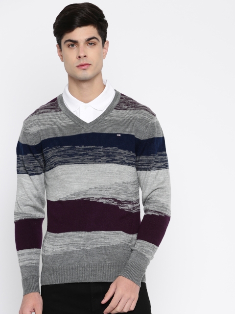 

Arrow Sport Men Grey Melange & Blue Striped Pullover