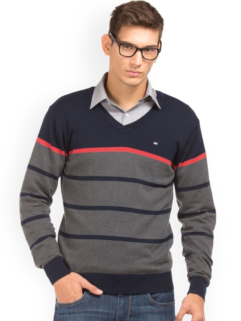 

Arrow Sport Men Navy Blue & Grey Striped Sweater