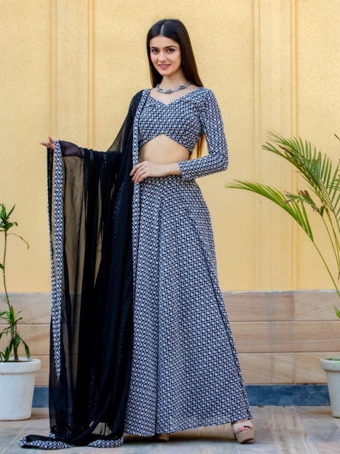

HOUSE OF JAMOTI Black & Blue Printed Ready to Wear Lehenga & Blouse With Dupatta