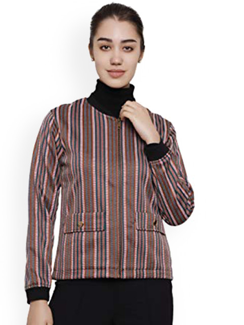 

DECHEN Women Red Striped Longline Open Front Jacket
