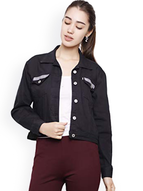 

DECHEN Women Black Cotton Lightweight Denim Jacket