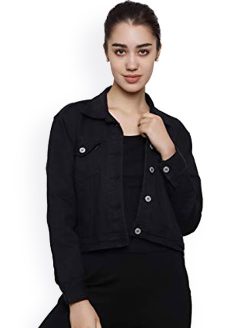 

DECHEN Women Black Washed Solid Cotton Lightweight Denim Jacket