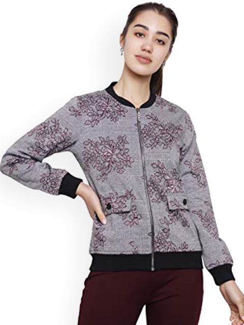 

DECHEN Women Maroon Floral Open Front Jacket