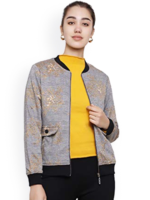 

DECHEN Women Mustard Floral Bomber Cotton Jacket
