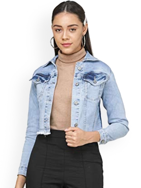 

DECHEN Women Blue Washed Cotton Crop Denim Jacket