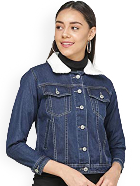 

DECHEN Women Navy Blue Washed Cotton Crop Denim Jacket