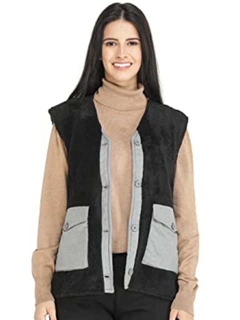 

DECHEN Women Black Washed Colourblocked Open Front Jacket