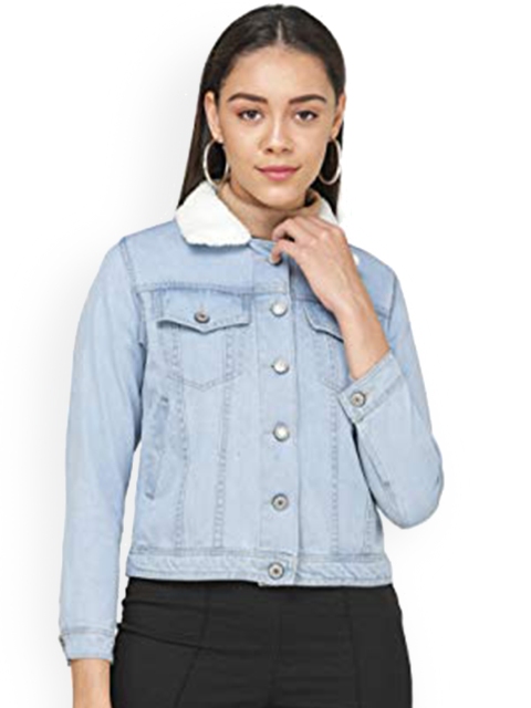 

DECHEN Women Blue Washed Checked Crop Cotton Denim Jacket