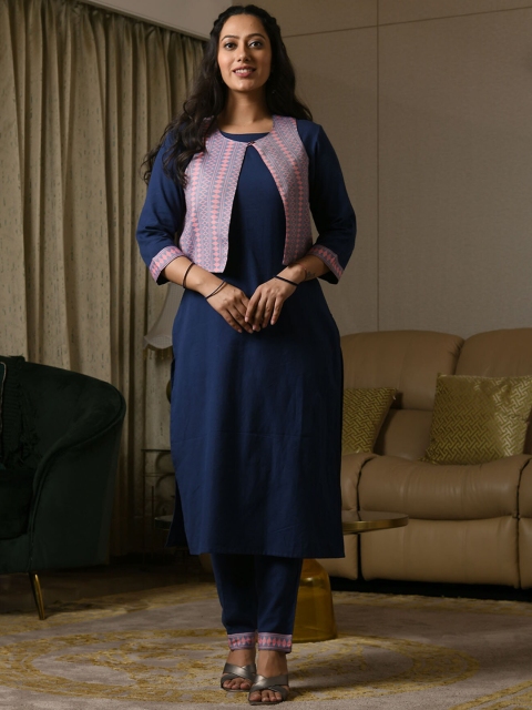 

Aaheli Women Navy Blue Pure Cotton Kurta with Trousers