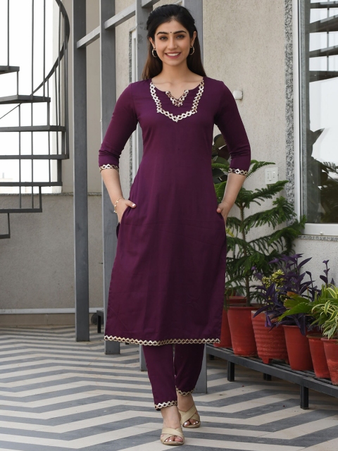 

Aaheli Women Purple Sequinned Pure Cotton Kurta with Trousers