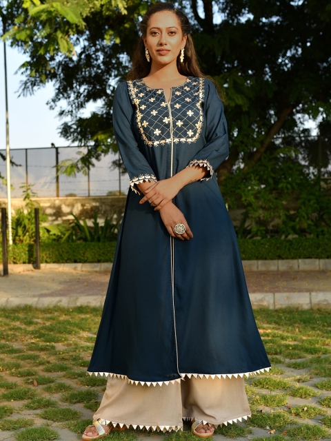 

Aaheli Women Teal Yoke Design High Slit Gotta Patti Kurta with Palazzos
