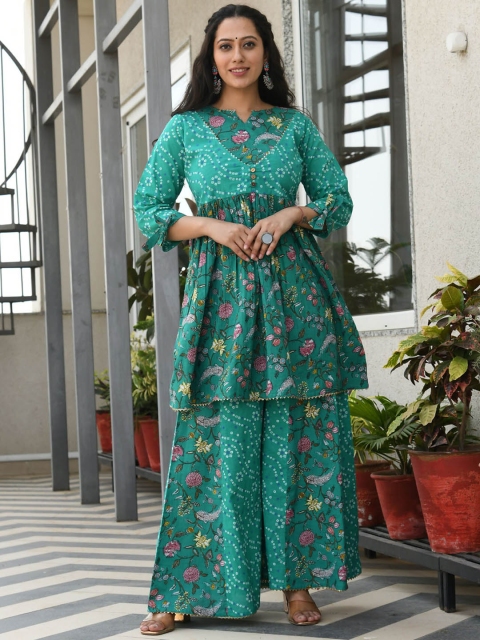 

Aaheli Women Teal Floral Printed Pleated Gotta Patti Pure Cotton Kurti with Sharara