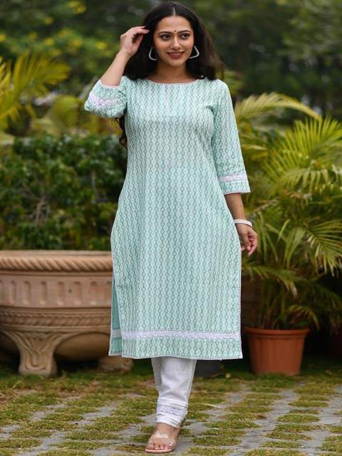 

Aaheli Women Sea Green Printed Thread Work Pure Cotton Kurta with Churidar