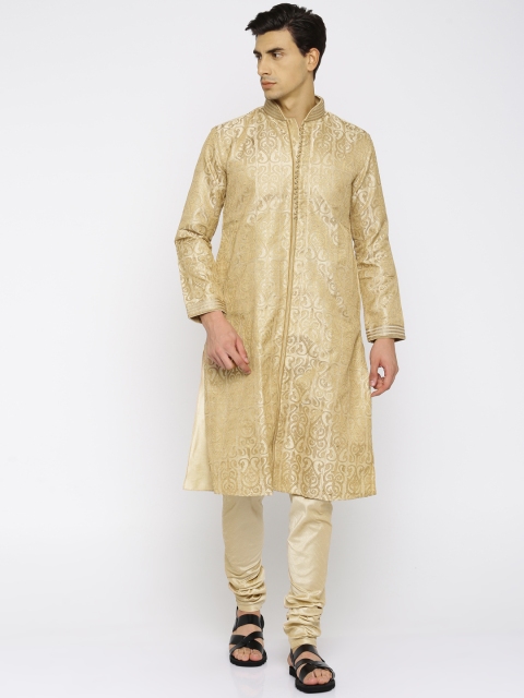 

Manu Men Gold-Toned & Beige Self Design Kurta with Churidar