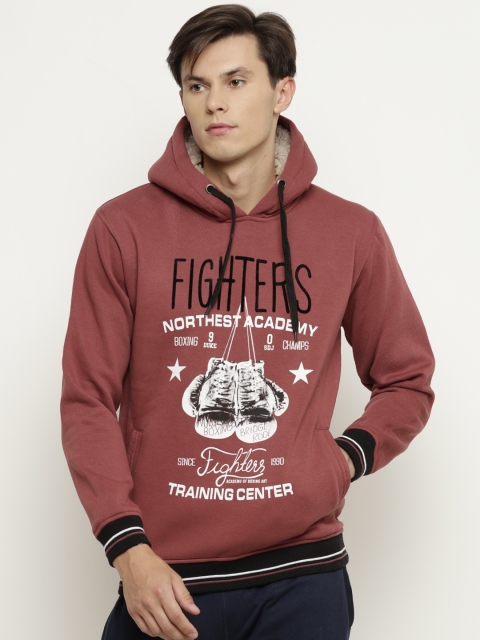 

Duke Men Rust Red Printed Hooded Sweatshirt