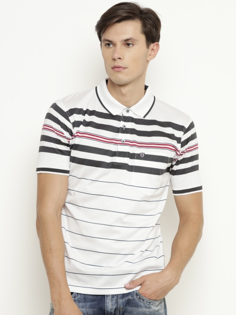 

Duke Men White Striped Polo Collar T-shirt