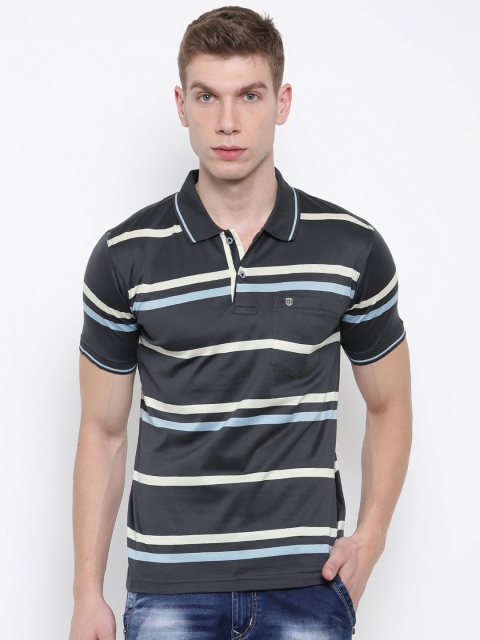 

Duke Men Grey Striped Polo Collar T-shirt