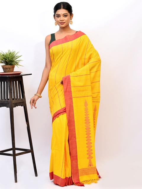 

AllSilks Yellow & Orange Striped Silk Blend Saree