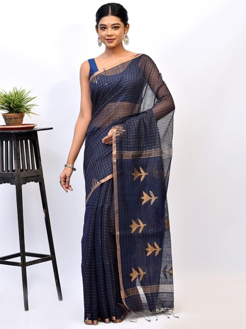 

AllSilks Navy Blue & Gold-Toned Checked Zari Silk Blend Saree
