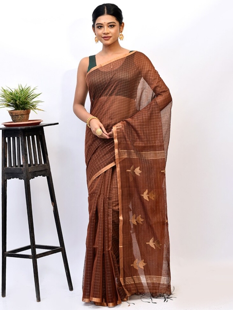 

AllSilks Brown & Gold-Toned Checked Zari Silk Blend Saree